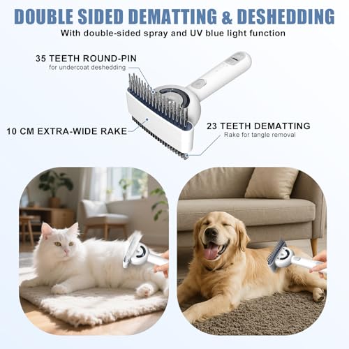 Double-Sided Pet Deshedding Dematting Comb, Steam Brush with 2 Spray Levels | Extra-Wide Detangling Undercoat Rake for Long-Hair Dogs & Cats Matted Fur, Knots, Rechargeable Grooming & Massage Tool - color: White with Double-Sided