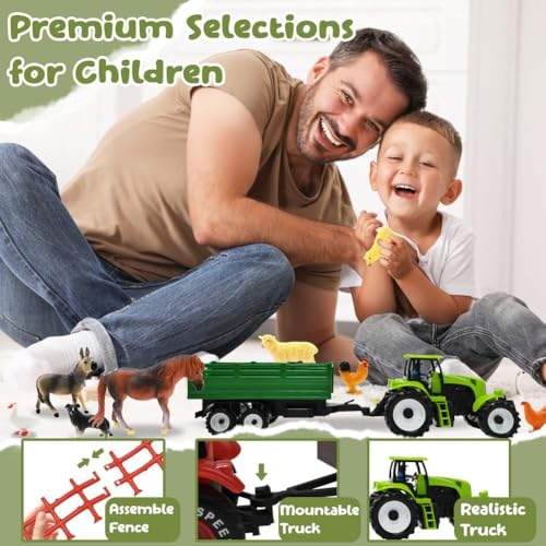BOLZRA Farm Animal Figures Toy, Realistic Plastic 2 Farm Tractors Playset with Trailer, Farmer Fence Storage Box, Christmas Birthday Easter Gift for Kids 3-8 - style: Farm Animals Figures