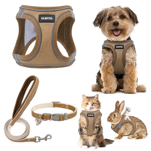 GAMUDA Small Pet Harness Collar and Leash Set, Step in No Chock No Pull Linen Fabric Soft Mesh Dog Vest Harnesses Reflective for Dogs Puppy Cats Kitten Rabbit (Brown, XXS) - color: Brown, size: XXS