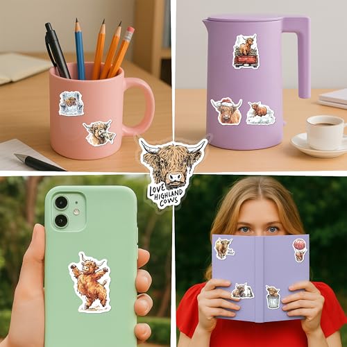 100 PCS Highland Cow Stickers Pack – Waterproof Vinyl Decals for Water Bottles, Laptops, Phones, Notebook, Cars – Cool Vibrant Graphics for Highland Cow Enthusiast - color: Highland Cow