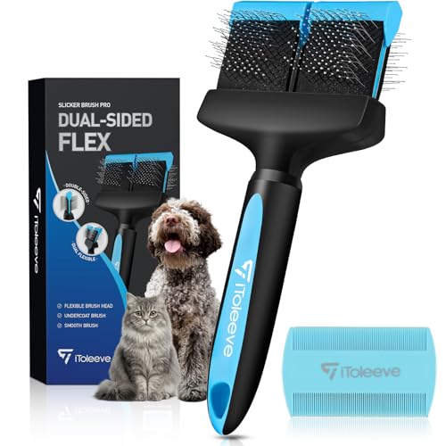 iToleeve Dual Flexible Head Slicker Brush, Round Tipped Pins, Double Sided | For Dogs and Cats, Grooming Tool Removes Loose Undercoat, Helps Reduce Shedding, and Detangles Knots and Tangles
