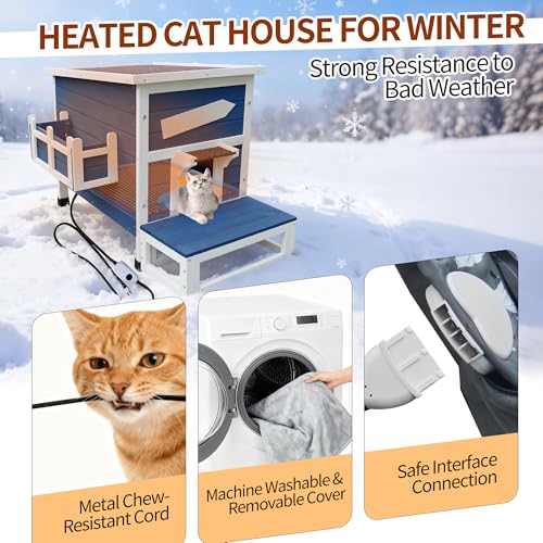 Rockever Large Outdoor Cat House with Heating Pad, Wooden Feral Cat Shelter | Weatherproof blue wooden shelter with escape door for feral cats, offering a spacious, warm and secure refuge for outdoor use
