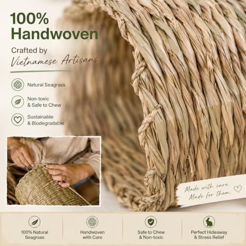 PEMAR Natural Seagrass Bunny Tunnel - Handwoven Rabbit Hideaway & Edible Grass House - Safe Chew Toy, Bed for Guinea Pigs, Chinchillas, Rats & Indoor Bunnies - Small Animal Enrichment (9x8.3x6.3”)