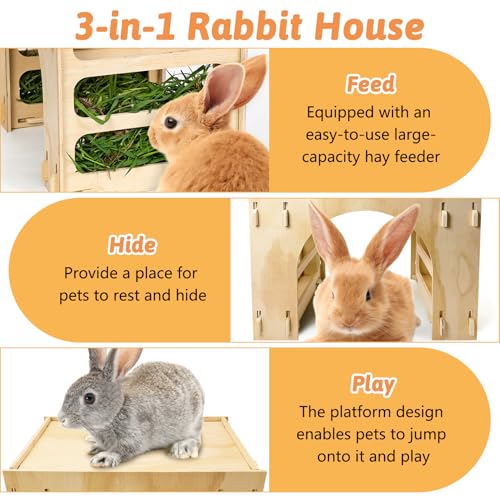 Kathson Large Rabbit Hideout with Hay Feeder Natural Wooden Guinea Pig House Detachable Rabbit Hutch Indoor Bunny Castle for Chinchilla Guinea Pigs Bunnies and Other Small Animals