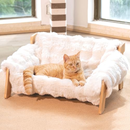 Elevated Cat Couch Bed Wooden Raised Kitty Sofa Lounge Chair | Washable Fluffy Cover Wooden Elevated Pet Furniture for Indoor Cats and Puppy(White) - color: Cat Sofa-White