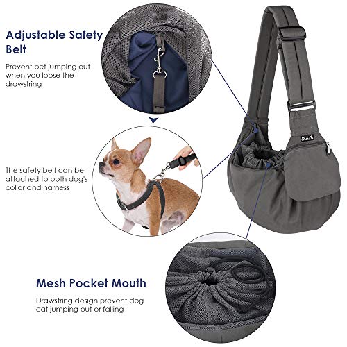 Lukovee Pet Sling, Small Pet Carrier, Hard Bottom Support & Safety Hook | Adjustable Drawstring Opening, Comfortable Padded Shoulder Strap, Zipper Pocket, Dog Slings Purse for Small Dog Cat (Grey) - color: Grey
