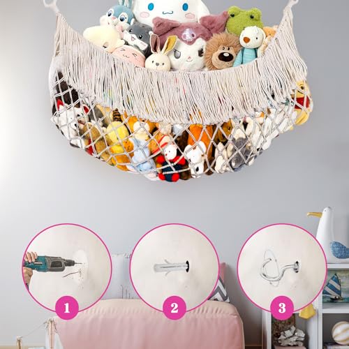 Cotton Stuffed Animal Storage,Stuffed Animal Hammock,Boho Stuffed Animal Net for Bedroom(Cream-Colored)