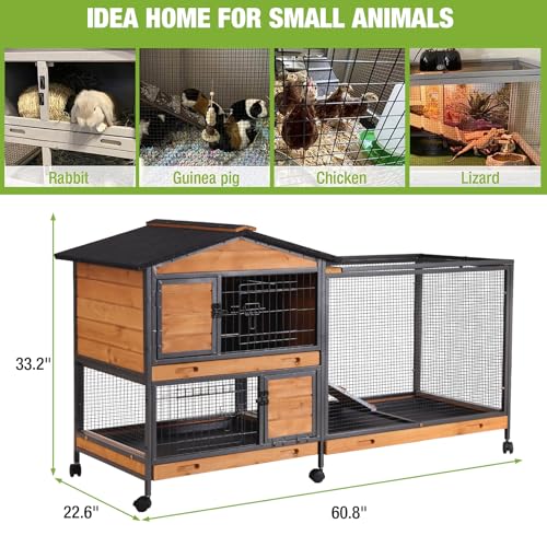 GUTINNEEN 60.8 in Rabbit Hutch with Wheels, 2-Level Wooden Small Animal Cage with 6 Lockable Doors, 3 Compartments & Pull-Out Trays, Indoor Rabbit Enclosure - color: Orange