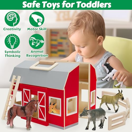 Wooden Barn Toys for Toddlers Ages 3 4 5, Farm Animals Toys for Boys Girls | Big Barn Farm with Figures Animals, Tractor Toy, Farm Playset Educational Preschool Learning Toys, Christmas Birthday Gifts