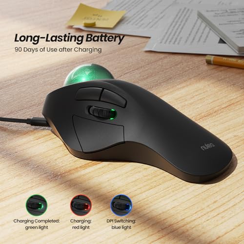 Nulea M505A Wireless Trackball Mouse Ergonomic 44mm Index Finger Control | Rechargeable rollerball mouse with 5 DPI levels,Bluetooth connection,smooth tracking,compatible with PC Mac Windows-Green - color: E-Green