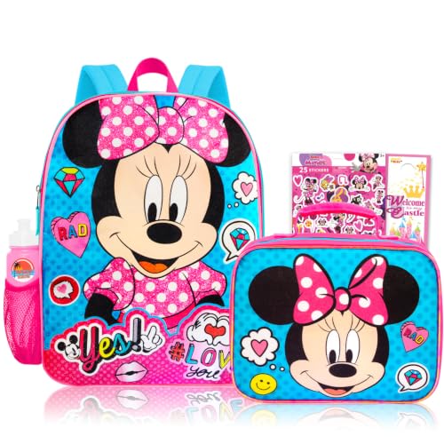Disney Minnie Mouse Backpack with Lunchbox Set for Girls Bundle + More | 16in Large Durable Minnie Bookbag w/ Insulated Lunch Box Plus Water Bottle, Stickers, More - Minnie Mouse School Supplies