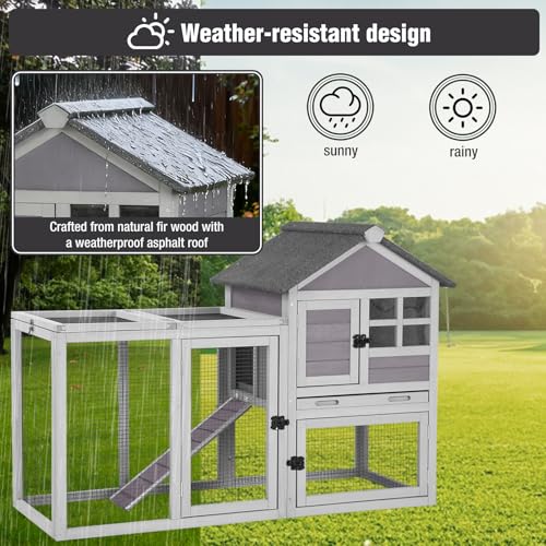 Large Rabbit Hutch Outdoor Indoor, Bunny Cage with 4 Access Areas & Pull-Out Leak-Proof Trays, Waterproof Roof Wooden Bunny Hutch for 1-2 Rabbits, Guinea Pigs, Chickens - color: Grey-XZ7002