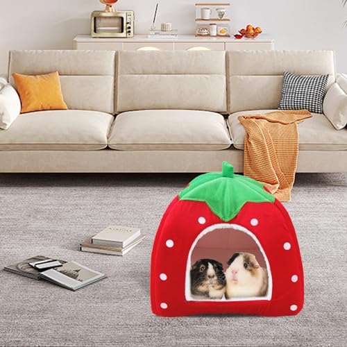 Guinea Pig Bed, Cozy Rabbit Hideout with Warm Fleece Washable Cuddle Cup Winter Sleeping House for Small Pets Strawberry Style
