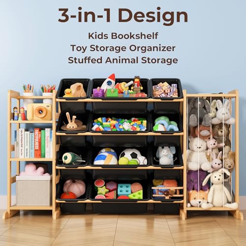 Toy Storage Organizer with Bookshelf and Stuffed Animal Storage - Kids Playroom Organization with Shelves and 12 Toy Bins - Toddler Living Room Toy Box for Lego - Nursery Bedroom Decor Essential - color: Black, size: 55.2"W,3 Shelves,12 Bins