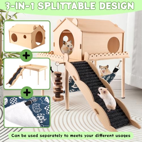 Kalolary Guinea Pig Hideout Wooden Guinea Pig Castle with Stair Hammock Mat | Detachable Double-Decker Guinea Pig House for Small Animals Hamster Chinchilla Bunny Ferret Rabbit Hiding Playing Sleeping