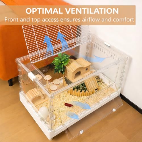 Extra Tall Foldable Clear Hamster Cage with Front Door, Deep Base Habitat for Thick Bedding & Burrowing, Easy Clean Wire Mesh Top Ventilation, Escape Proof Enclosure, 27.5x17x16 in - size: 27.5"L x 17.0"W x 16.0"H