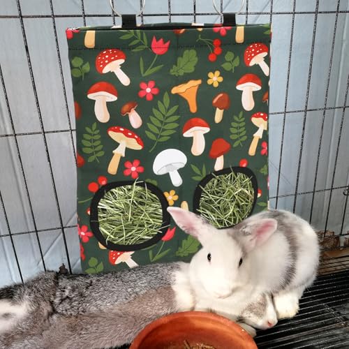 JarThenaAMCS 2Pcs Rabbit Hay Feeder Bag with 2 Holes 11.5 x 9 Inch Mushroom Guinea Pig Hanging Hay Feeding Bag Storage Dispenser for Chinchilla Hamster Bunny Small Animal Pet