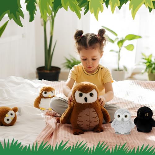 Hollowfly 5 Pcs Owls Plush Toy Gift Set 13.4" Mommy Barn Owls with 4 Cute Babies Stuffed Animal in Zippered Back Nurturing Plushies Toy Set for Kid Adults Birthday Party Favors Gifts - style: Barn Owls