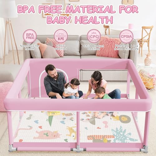 XVISHX Baby Playpen with Mat, 50 x 50 Inch Playpen for Babies and Toddlers, Baby Playard for Indoor & Outdoor Active Center Game Fence, with Skin-Friendly Fabric and Soft Breathable Mesh, Pink - color: Pink, size: 50 × 50 Inch + Mat