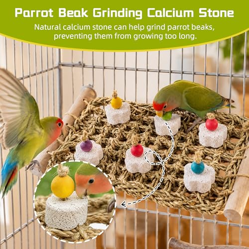FlidRunest Conure Seagrass Mat with Grinding Calcium Stone Chewing Toy | Parrot Beak Grinding Stone and Seagrass Ladder Bridge Stands, Hand-Woven Net Climbing Net for Budgie Parakeet - size: B(With Calcium Stone)