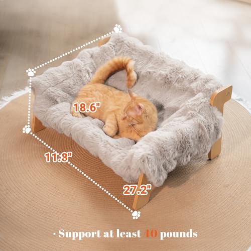 Elevated Cat Couch Bed Wooden Raised Kitty Sofa Lounge Chair | Washable Fluffy Cover Wooden Elevated Pet Furniture for Indoor Cats and Puppy(Gray) - color: Cat Sofa-Khaki(Light Gray)