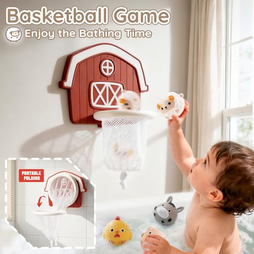 No-Hole Farm Animal Bath Toys for Kids Ages 1-3, Water Slide Toys | Bath Basketball Hoop, Fishing Net, Storage Bag, Toddlers Sealed Bathtub Toys, Shower Pool Play Set, Boys Girls Gifts
