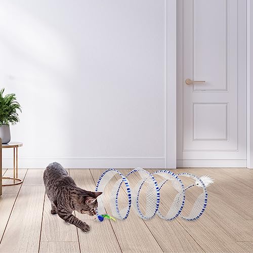 Andiker Cat Tunnel Toy, 10inch Collapsible Metal Cat Spring Toy with Nylon Mesh, Feather, Mouse, and Bell, Interactive Cat Toys for Indoor Cats to Scratch, Puzzle, Relax and Kill Time (Yellow) - color: Yellow