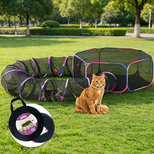 PAWISE Outdoor Cat Enclosure, 2-in-1 Portable Catio with Cat Tent and Tunnel, Pop Up Cat Playpen for Indoor Outdoor Cats and Small Animals, with Storage Bag - size: 122in