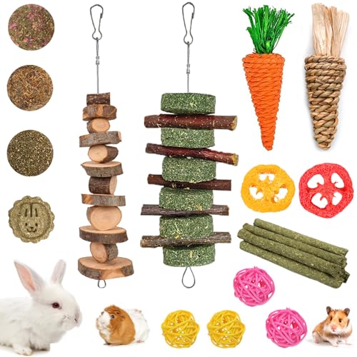 Grddaef 20 PCS Bunny Chew Toys for Teeth, Natural Rabbit Toys Apple Wood Grass Timothy Sticks Chew and Treat for Guinea Pigs Hamster Chinchillas - color: 20 Pcs