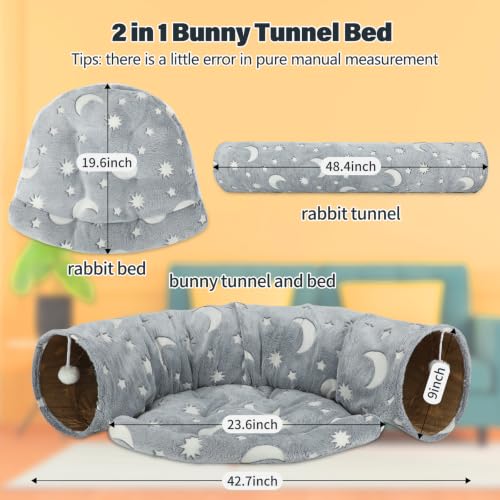 BWOGUE Bunny Tunnel Bed, 2-in-1 Collapsible Rabbit Tunnel Hideout with Mat | Rabbit Tunnel for Indoor Bunnies, Glows After Light Exposure, Removable Mat, Ball Toy for Play, Cats and Guinea Pigs - color: Grey