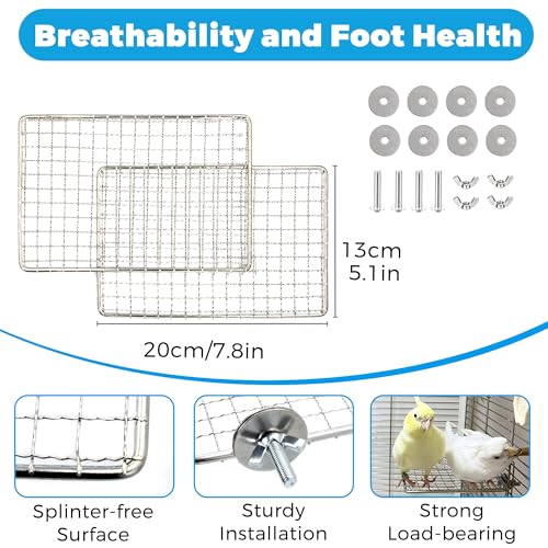 2pcs Stainless Steel Bird Perches for Cage, Open-Grid Easy Clean | Parrot Perch Stand, Claw-Friendly Grip Parakeet Shelves, Flat Bird Platform Perch for Cockatiel, Conure, Budgie, Quaker
