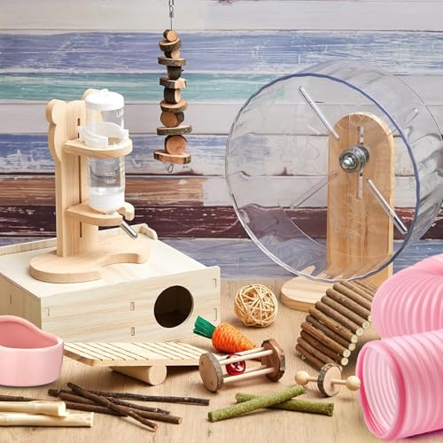 20 Pcs Hamster Toys Set, 16 Small Animal Chewing Toys, Maze Wood House, Silent Exercise Running Wheels and Water Bottle Set Feeding Bowl for Hamster Habitat Rat Cage Accessories(Pink) - color: Pink