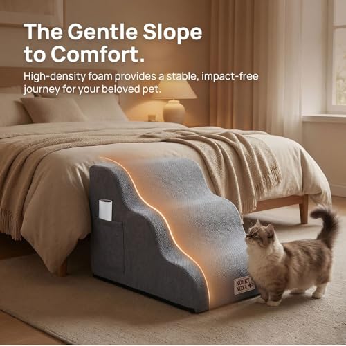 3-Step Dog Stairs for Small Dogs & Cats, 15.7" H Non-Slip Pet Steps with Side Storage Pocket, Sturdy High Density Foam Dog Ramp for Sofa, Couch & Chair, Washable Cover, Grey - size: Round-15.7"H