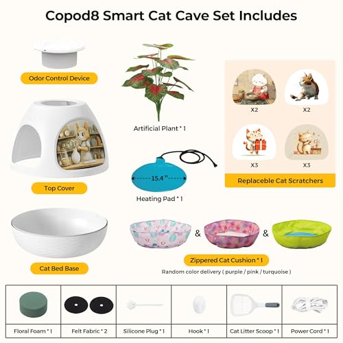 COZIWOW Eggloa6 Plant Litter Box, Hidden Cat Litter Box Enclosure, Odor Removal System, Replaceable Scratching Board, Scoop, Cat House with Cushion ＆ Heating Pad, Artificial Plants (White) - color: Light White