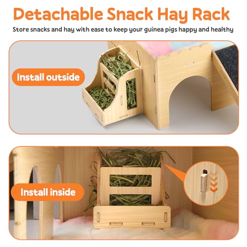 Large Guinea Pig Wooden Hideout with Detachable Snack Hay Feeder, Guinea Pig Castle with Plush Cushion and Ramp - Easy Assembly House for Play, Sleep & Exploration