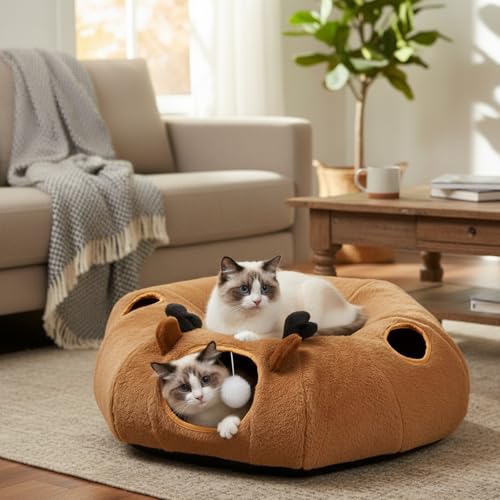 Cat Tunnel Bed with 20 Pcs Interactive Toys, 3-in-1 DIY Collapsible Plush Cat Tube with Washable Mat, Large Indoor Play Tunnel Cave for Kittens and Small Animals - color: Brown