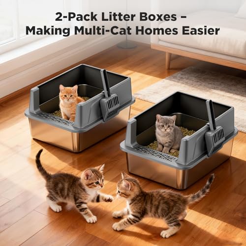 FURTIME 2 Pack Stainless Steel Cat Litter Box with Lid, Metal Kitty Litter Box for Small Cats, Kitten Litter Boxs with Non-Sticky, Anti-Leakage, Easy to Clean, 17"x13"x8.4" (Small) - color: Grey