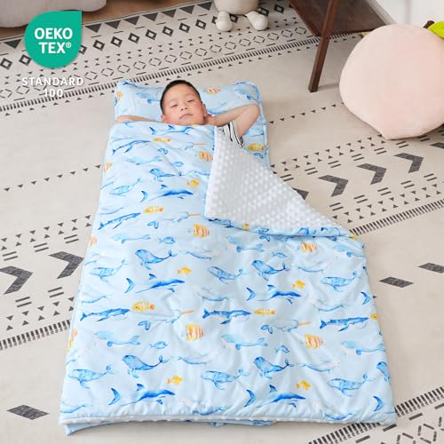david's kids Toddler Nap Mat with Removable Pillow and Minky Fleece Blanket, Ultra Soft Slumber Bags for Boys, Perfect for Preschool, Daycare, Kids Sleeping Bags with Rollup Design, 50"x20", Whale - color: Whale