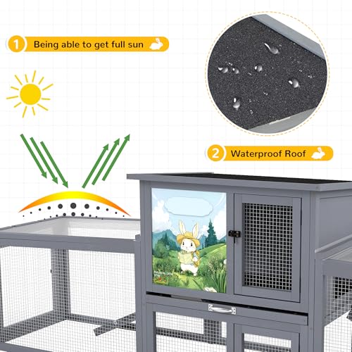 COZIWOW 95inches Extra Large Wood Rabbit Hutch Outdoor Easy to Assemble and Stable Bunny Cage Indoor with Cleaning Tray & Waterproof Roof for Small and Medium Bunny Rabbit Chick（Grey with Pattern） - color: Gray