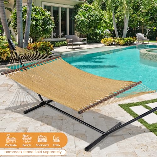 Lazy Daze XL Handwoven Caribbean Rope Hammock, 2+ Person Hammock | 13FT Polyester Outdoor Hammock with Spreader Bars & Straps & Carabiners, 500lbs Capacity for Outside, Patio, Tan - color: Tan