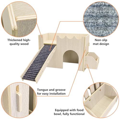kathson Large Guinea Pig Hideout, Wooden Castle Small Animal House Sturdy 2-Layer Easy to Assemble Guinea Pig Habitat with Anti-Slip Mat Ramp & Food Bowl for Hamsters Bunny Hedgehogs Playing Hiding