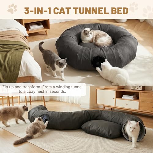 Extra Large Cat Tunnel, Cooling Natural Linen Big Tunnel for Cats 47.2in | Multi-Cat Family Long Cat Tunnel Bed with Washable Mat, Breathable & Durable Big Cat Tunnel for Cats, Dark Grey - color: Dark Grey, size: Large