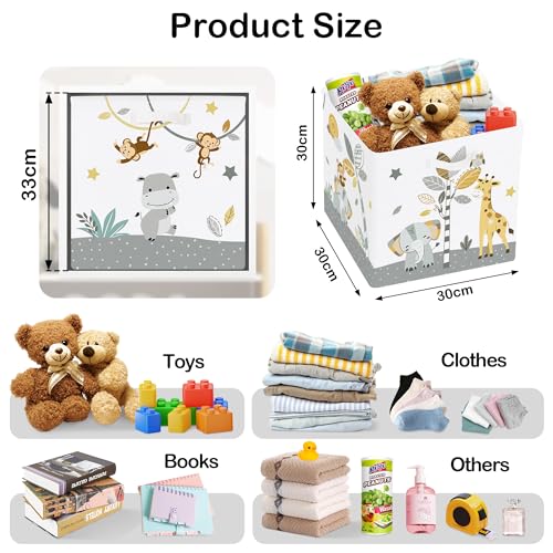 11.8" Tropical Animals Storage Cube Organizer Set 3Pcs Clothes Storage Basket Bin for Closet Shelf Elephant Giraffe Zebra Nursery Kid Room Book Toy Chest, Monkey