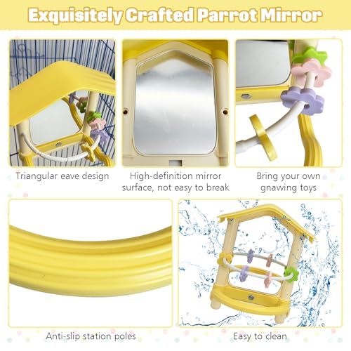 kathson Bird Mirror with Plastic Perch and 5PCS Colorful Rattan Balls Parakeet Hanging Swing with Mirror Interactive Toy Bird Cage Accessories for Cockatiel Parrot Conures Cockatoo Finch(Yellow)