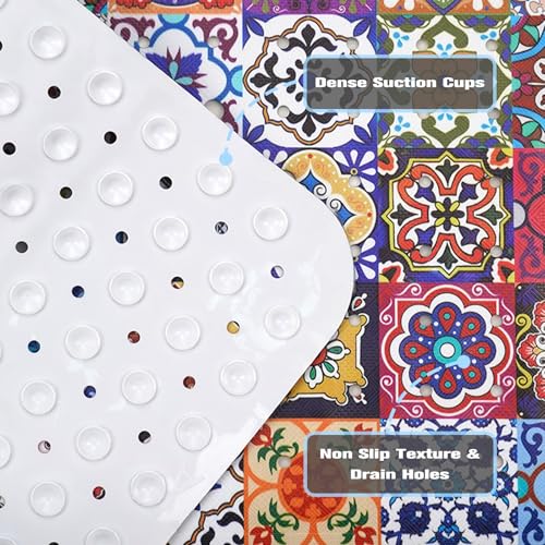 Boho Bathtub Mat Non Slip, Vintage Bath Tub Mat Baby Bath Mats for Bathroom Anti Slip Shower Mats for Inside Shower, Colorful Floral Bathmat with Suction and Drain Holes Machine Washable, 40″x16″ - color: D03, size: 40" x 16" (Rectangular)