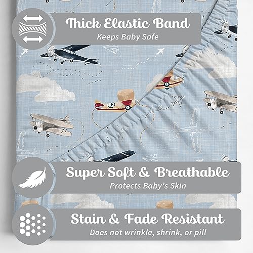 Pack and Play Sheets Fitted, Mini Crib Sheets for Graco Pack N Play Playard (38x26), Ultra Soft Cotton Blend, Safe & Snug Playpen Mattress Sheet for Baby Boys Girls, Airplane in The Clouds, 2-Pack - color: Watercolor Airplanes and Clouds