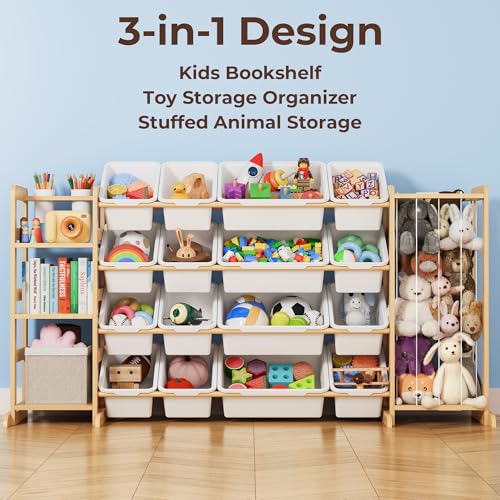 Toy Storage Organizer with Bookshelf and Stuffed Animal Storage - Playroom Organization with Shelves and 12 Bins - Living Room Box for Lego - Bedroom Decor Essential - color: White, size: 67"W,3 Shelves,16 Bins