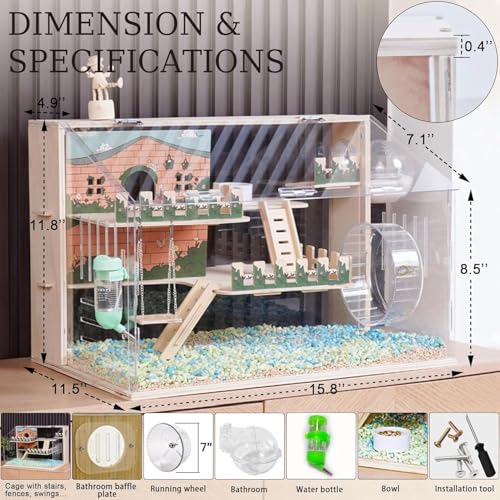 11 in 1 Wooden Hamster Cage with All Accessories, 15.8 Inch 3-Layer Dwarf Hamster Cage Acrylic,Small Animal Cages, Pastoral Style Mouse Cage for Pet Mice, Hedgehog, with Stairs, Fences and Swing - size: 15.8"L x 11.5"W x 11.8"H