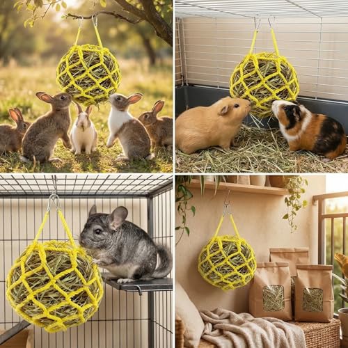 Yellow Rabbit Hay Feeder Mesh Bags, 13×11Inch Spherical Polyester Hay Pouch - color: Yellow