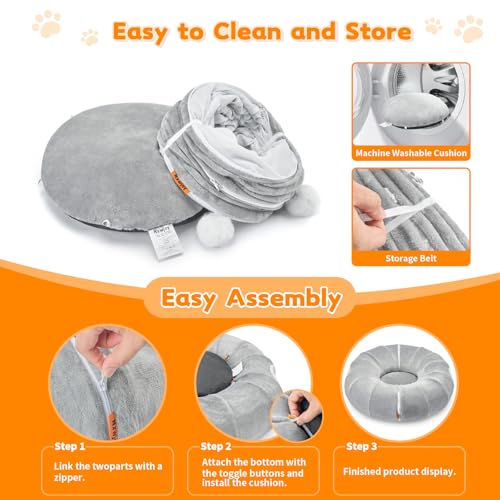 Cat Tunnel Bed for Indoor Cats 35.5 Inch XL Cat Donut Tunnels Grey | 2 in 1 Cat Tunnels for Indoor Cats Kitten Puppy Rabbit Pet Tunnel Toy with Washable Cushion Bed Grey
